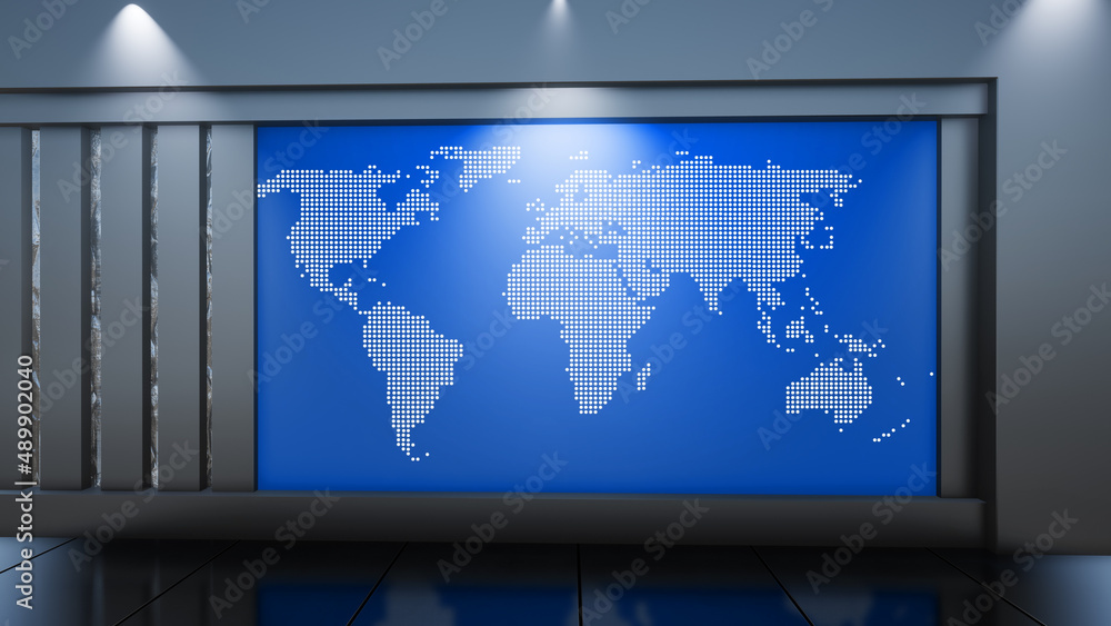 Fototapeta premium News Studio, Backdrop For TV Shows .TV On Wall.3D Virtual News Studio Background, 3d illustration