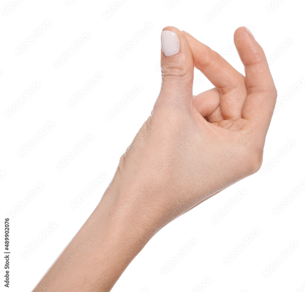 Woman snapping fingers on white background, closeup of hand