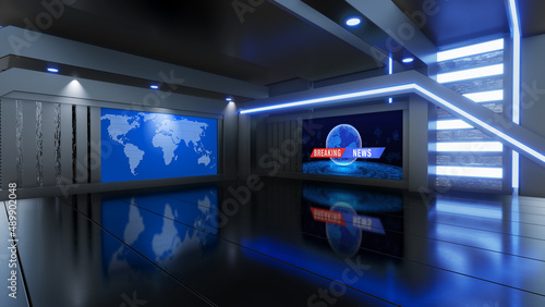 News Studio, Backdrop For TV Shows .TV On Wall.3D Virtual News Studio Background, 3d illustration