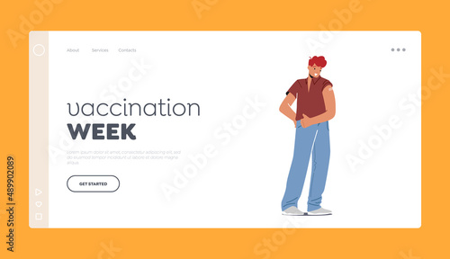 Vaccination Week Landing Page Template. Young People Health Care Concept. Vaccinated Positive Male Character with Patch