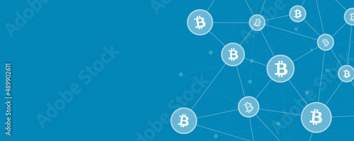 Abstract technology bitcoin and cryptocurrency blockchain network connection concept. Flat vector illustration web banner design 