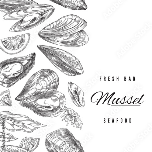 Mussels fresh bar seafood banner or poster layout vector illustration isolated.