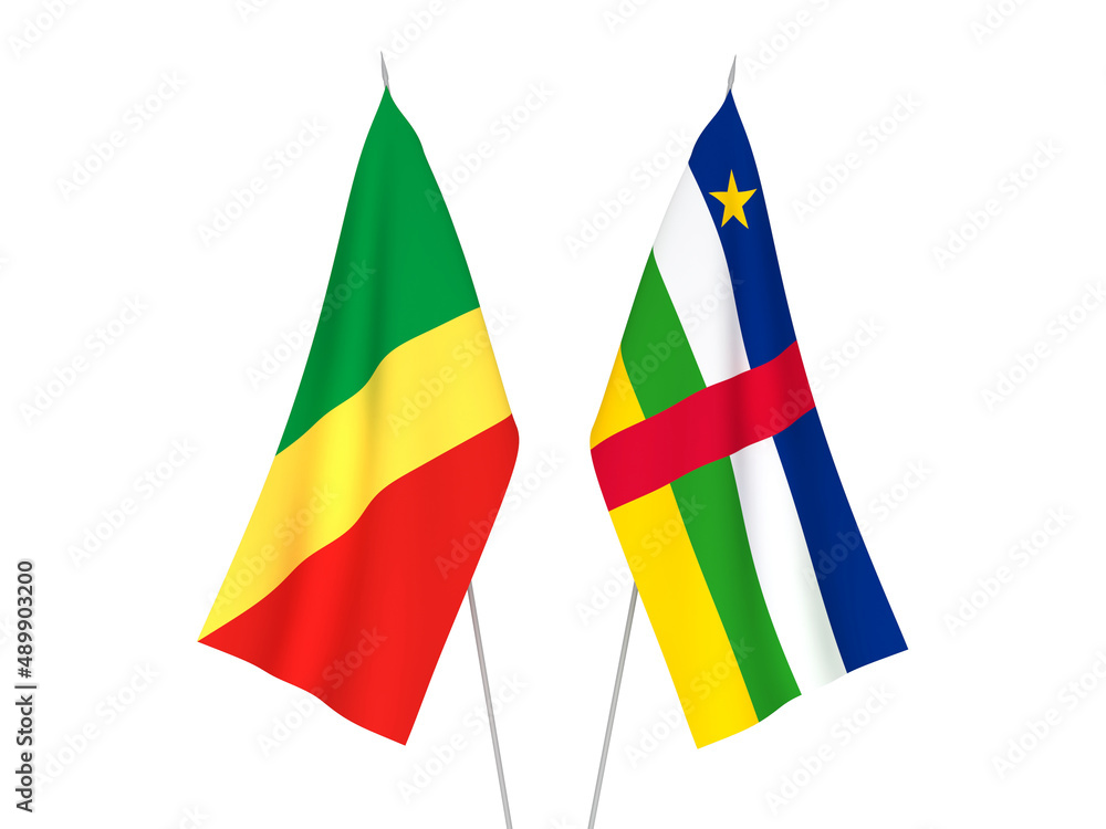 National fabric flags of Central African Republic and Republic of the Congo isolated on white background. 3d rendering illustration. National fabric flags of Central African Republic and Republic of the Congo isolated on white background. 3d rendering illustration.
