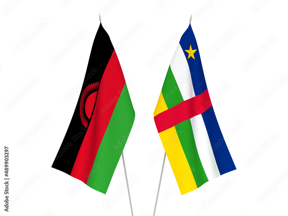 National fabric flags of Central African Republic and Malawi isolated on white background. 3d rendering illustration. National fabric flags of Central African Republic and Malawi isolated on white background. 3d rendering illustration.