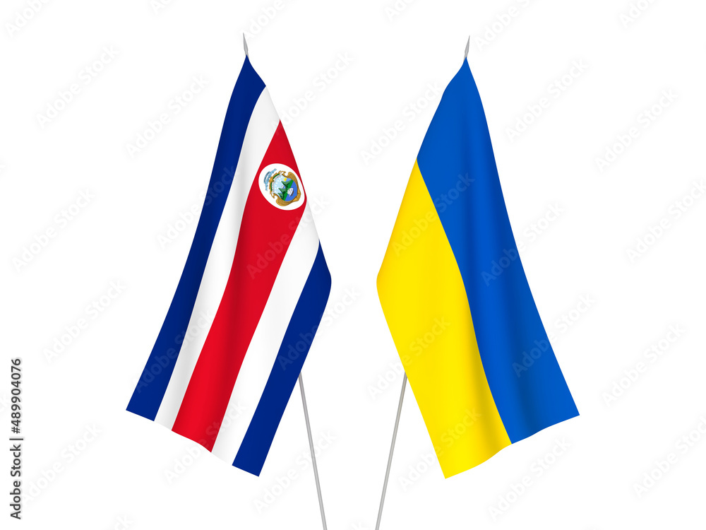 National fabric flags of Ukraine and Republic of Costa Rica isolated on white background. 3d rendering illustration.