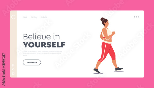 Body Transformation Landing Page Template. Fatty Female Character Weight Loss, Woman Healthy Life, Slimming, Walking