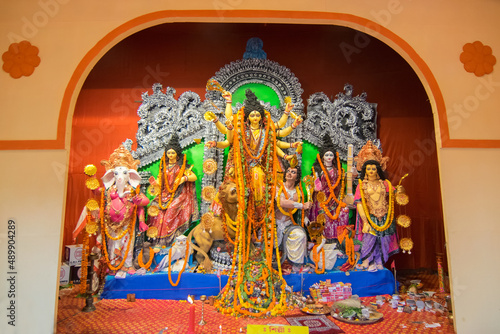 KOLKATA , INDIA - OCTOBER 21, 2015 : Beautiful interior of decorated Durga Puja pandal, at Kolkata, West Bengal, India. Durga Puja is biggest religious festival of Hinduism.
