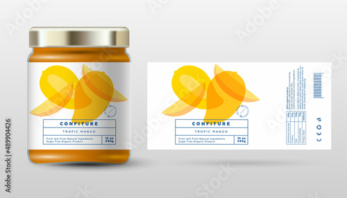 Mango confiture. Sweet jam. Transparent slices, halves and cut fruits. Label and packaging simple design.