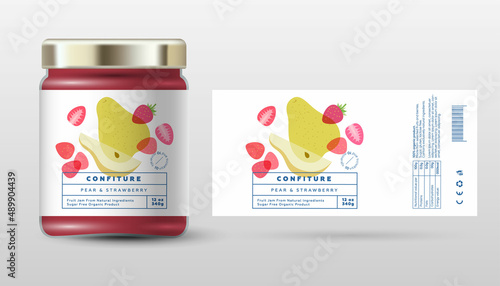 Pear and strawberry confiture. Sweet jam. Transparent slices, halves and cut fruits. Label and packaging simple design.