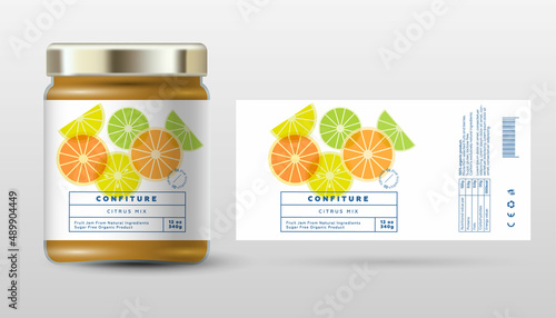 Citrus confiture. Sweet jam. Transparent slices, halves and cut fruits. Label and packaging simple design.
