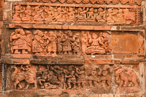 Figurines made of terracotta at Radhagobinda Temple, Bishnupur , West Bengal, India .