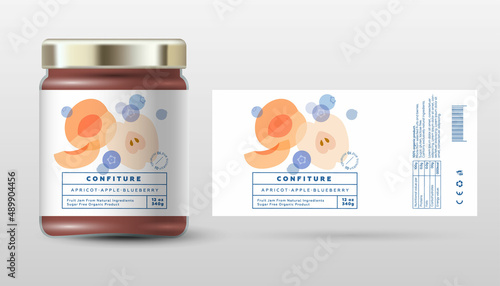 Apricot, apple and blueberry confiture. Sweet jam. Transparent slices, halves and cut fruits. Label and packaging simple design.