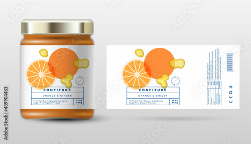 Orange and ginger confiture. Sweet jam. Transparent slices, halves and cut fruits. Label and packaging simple design.