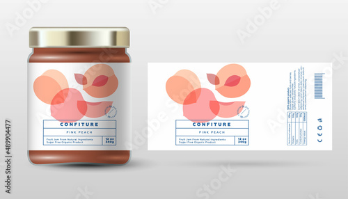 Peach confiture. Sweet jam. Transparent slices, halves and cut fruits. Label and packaging simple design.