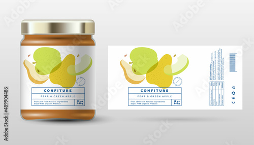 Pear and Apple confiture. Sweet jam. Transparent slices, halves and cut fruits. Label and packaging simple design.