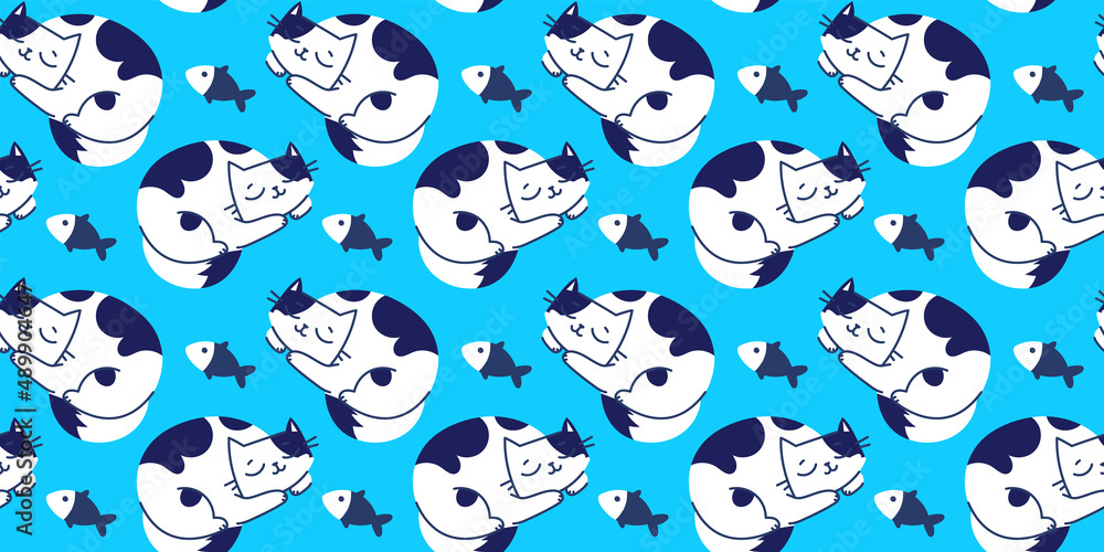 Vector seamless pattern with happy cute sleeping white cat character and dreaming of fish on blue color background. Flat line art style design of curled up in a ball animal cat