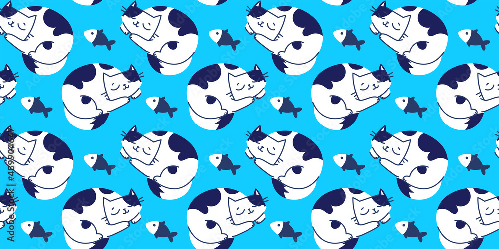 Vector seamless pattern with happy cute sleeping white cat character and dreaming of fish on blue color background. Flat line art style design of curled up in a ball animal cat Vector seamless pattern with happy cute sleeping white cat character and dreaming of fish on blue color background. Flat line art style design of curled up in a ball animal cat