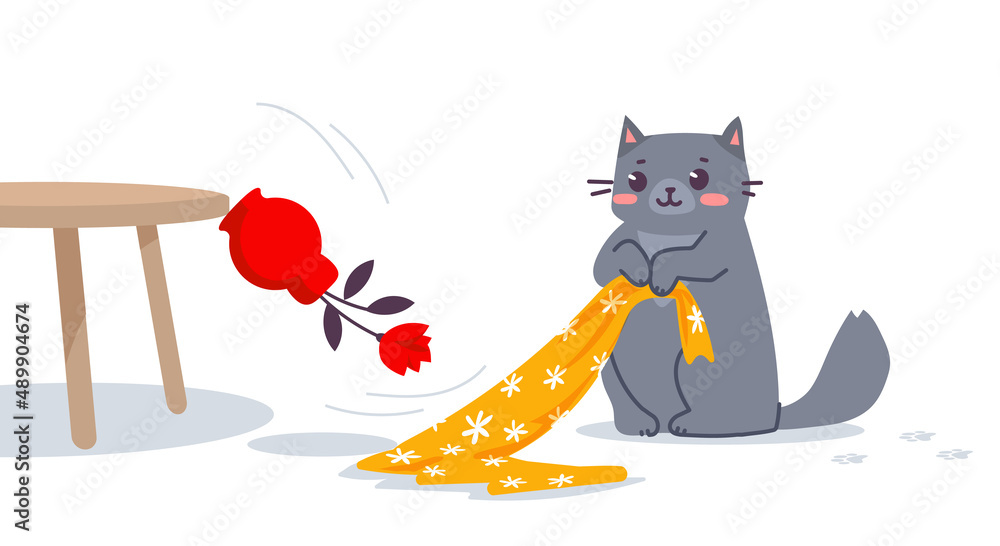 Obraz premium Vector illustration of happy cute gray cat character hold fabric cloth near table and falling vase with flower on white color background. Flat line art style design of standing playful animal cat