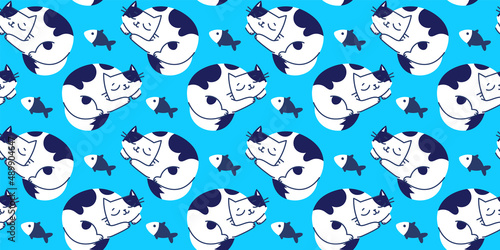 Vector seamless pattern with happy cute sleeping white cat character and dreaming of fish on blue color background. Flat line art style design of curled up in a ball animal cat
