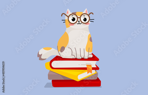 Vector illustration of happy cute spotted cat character in glasses sitting on pile of book on blue color background. Flat line art style design of clever animal cat