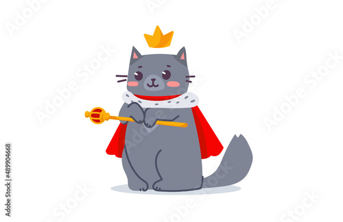 Vector illustration of happy cute gray cat character with crown and scepter on white color background. Flat line art style design of standing king animal cat