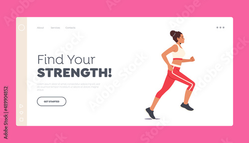 Sport Activity Landing Page Template. Happy Female Character Run. Athletic Woman in Sports Wear Running Marathon