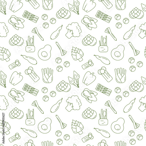 Seamless vector pattern with trendy line icons of  green vegetables.