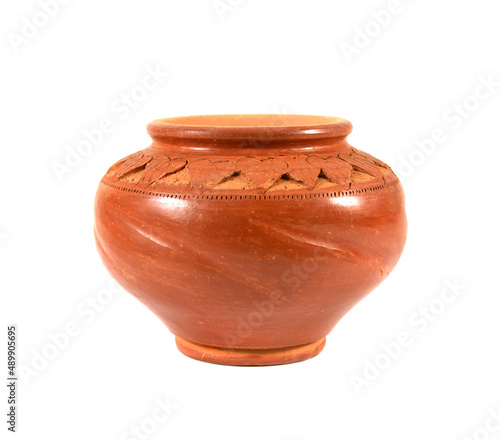 Small clay pot for drinking water isolated on white background.