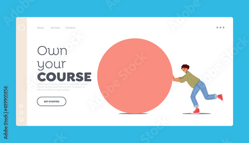 Woman Character Pushing Huge Circle Landing Page Template. Woman Goal Achievement, Business Competition, Challenge