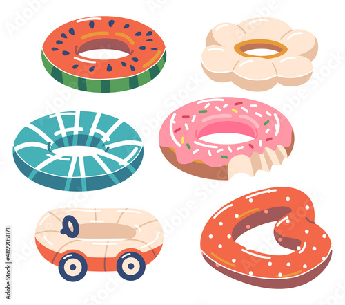 Set of Inflatable Rings Watermelon, Car, Flower, Donut and Heart Icons Isolated on White Background. Water Park Toys