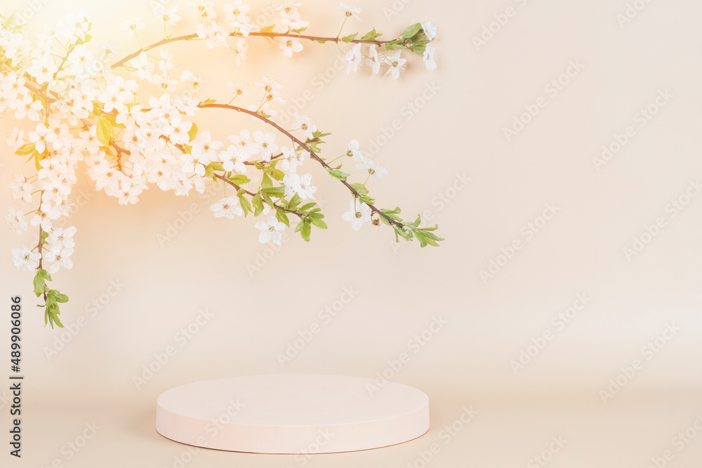 Round geometric podium platform stand for product presentation and blossoming spring tree branch with white flowers on pastel beige background. Front view Round geometric podium platform stand for product presentation and blossoming spring tree branch with white flowers on pastel beige background. Front view