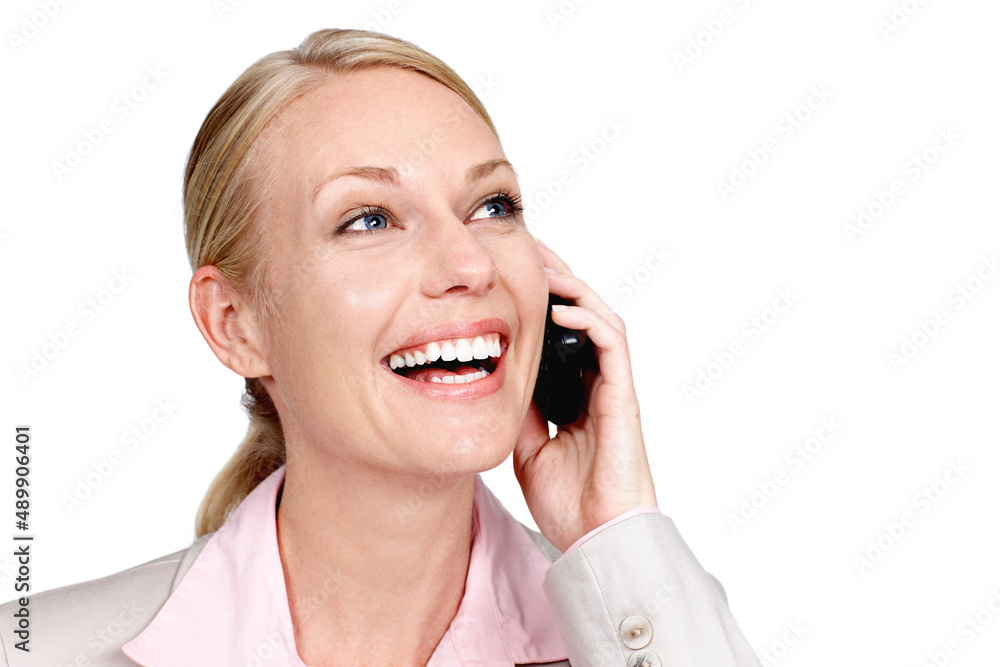Thats the best news I couldve hoped for. Studio shot of a businesswoman talking on her cellphone against a white background. Thats the best news I couldve hoped for. Studio shot of a businesswoman talking on her cellphone against a white background.