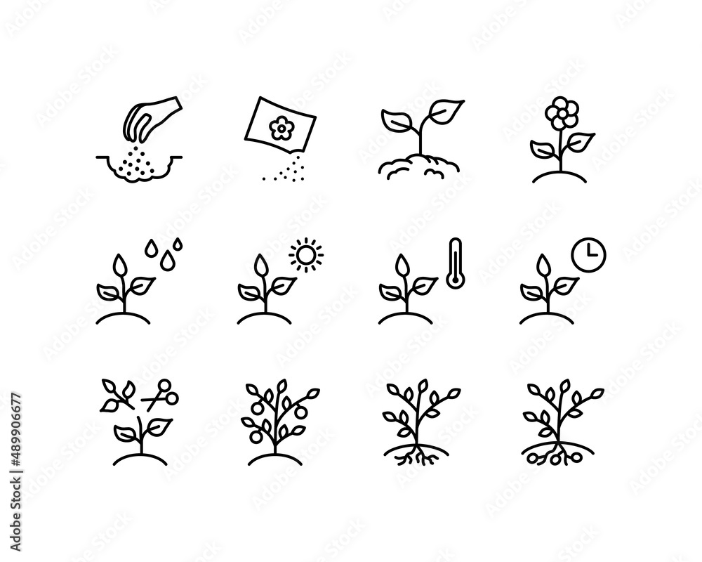 Gardening and seeding activities flat line icons set. Spring season, growing plant shoots, Garden Tools. Simple flat vector illustration for web site or mobile app