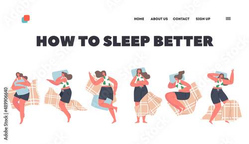 How to Sleep Better Landing Page Template. Female Sleeping Poses, Girl Lying in Bed in Various Comfortable Positions