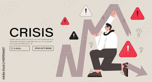 Bankruptcy vector illustration. World economy crash or financial crisis. Economical problem and investment failure and budget collapse. Business person or man in panic try to stop collapse and fail.