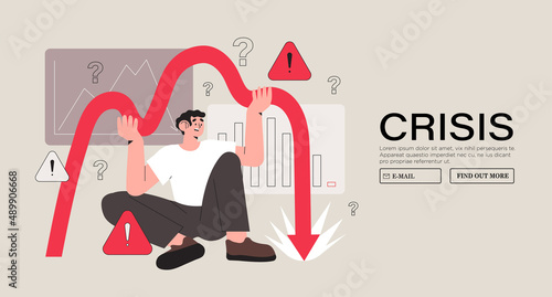 Bankruptcy vector illustration. World economy crash or financial crisis. Economical problem and investment failure and budget collapse. Business person or man in panic try to stop collapse and fail.
