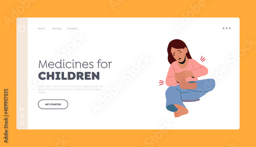 Medicines for Children Landing Page Template. Little Girl Sit on Floor with Hurt Foot. Sick Kid Suffering of Ache in Leg
