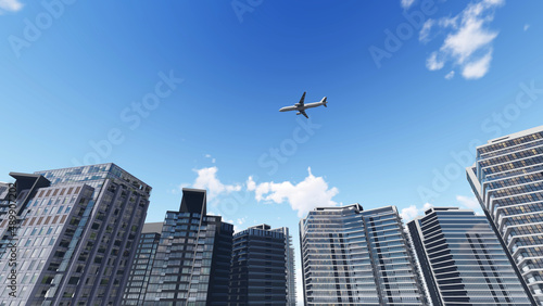 Airplane above business buildings, 3d illustration