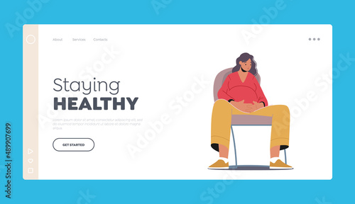 Staying Healthy Landing Page Template. Sad Pregnant Mother Needs Psychological Help, Female Character with Big Belly
