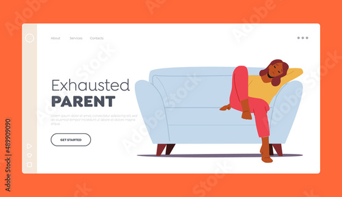 Parent Burnout, Stress or Depression Landing Page Template. Tired African Woman Sitting on Sofa with Closed Eyes
