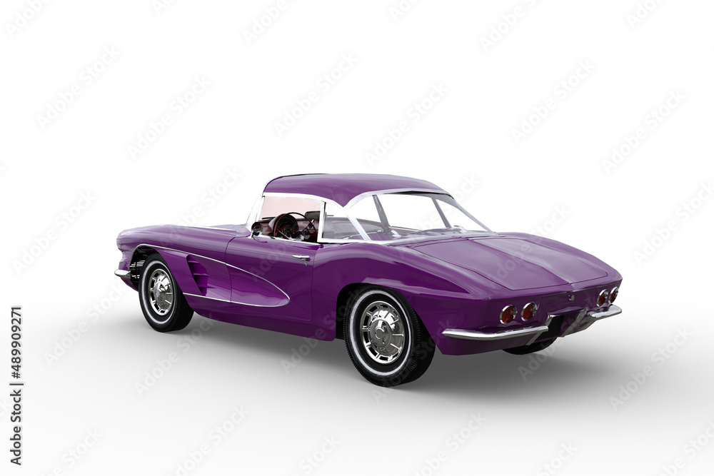 Vintage retro two seater roadster sports car with purple paintwork. Rear perspective 3D rendering isolated on white background.