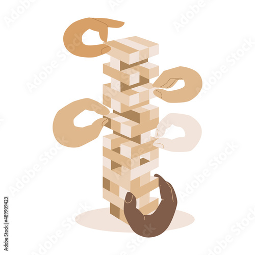 Jenga game. Wooden cubes block puzzle. Brick element tower with players hands. Sketch vector illustration