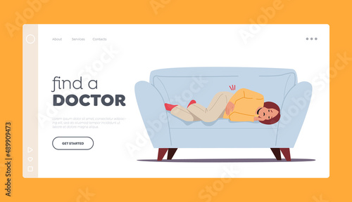 Find a Doctor, Health Care Medicine Landing Page Template. Girl Lying on Sofa with Abdominal Ache, Kid Suffer of Pain