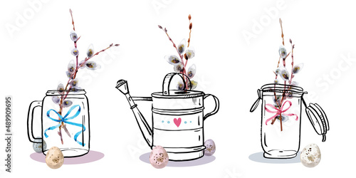 Easter card collection in hand drawn style with pussy willow branches