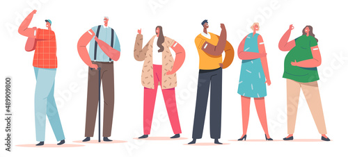 Immunization, Vaccination, Health Care Concept. Group of Vaccinated People Show Patch and Positive Gesture