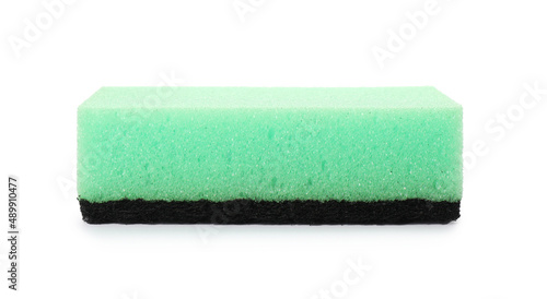 Green cleaning sponge with abrasive black scourer isolated on white