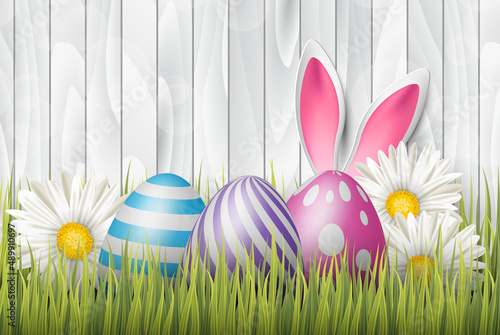 Easter background with painted 3d realistic eggs in green glass and flowers on white wooden backdrop. Vector illustration.