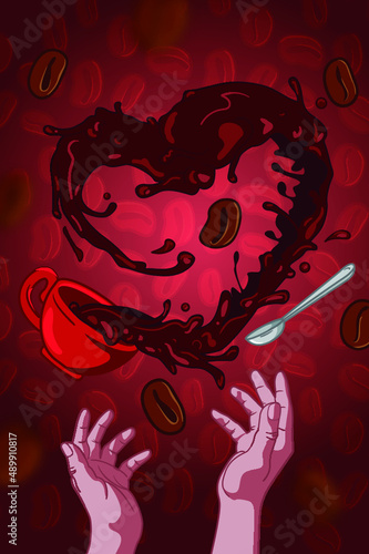 poster vectorial amor café con manos y granos de café y cuchara ilustración a mano alzada