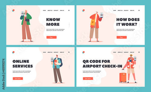 People Show Certificates with Qr Code on Device Screen Landing Page Template Set. Vaccinated Men Women Health Passport