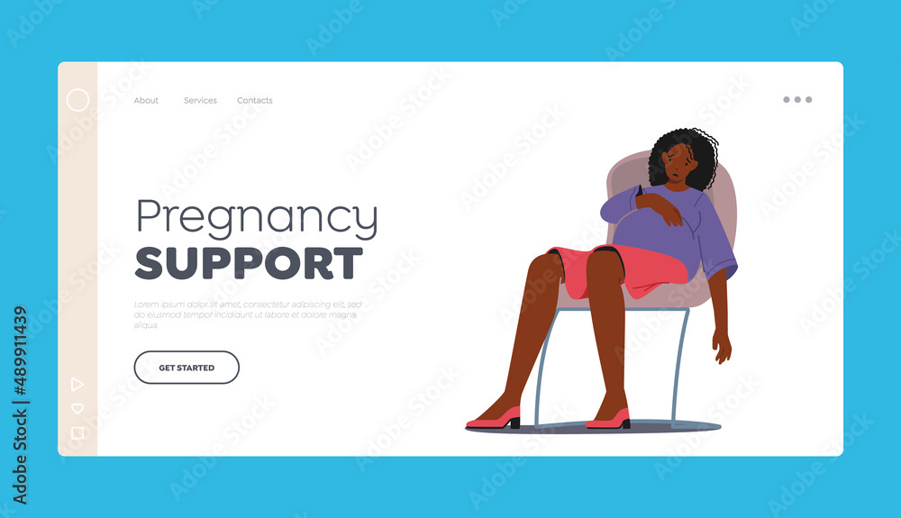 Pregnancy Support Landing Page Template. Sad Pregnant Female Character with Big Belly Sitting on Chair with Upset Face